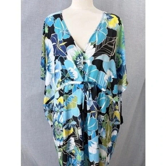 Johnny Was Jenn Drawcord Kaftan Floral Maxi Dress NWT L/XL Rayon Silk $298